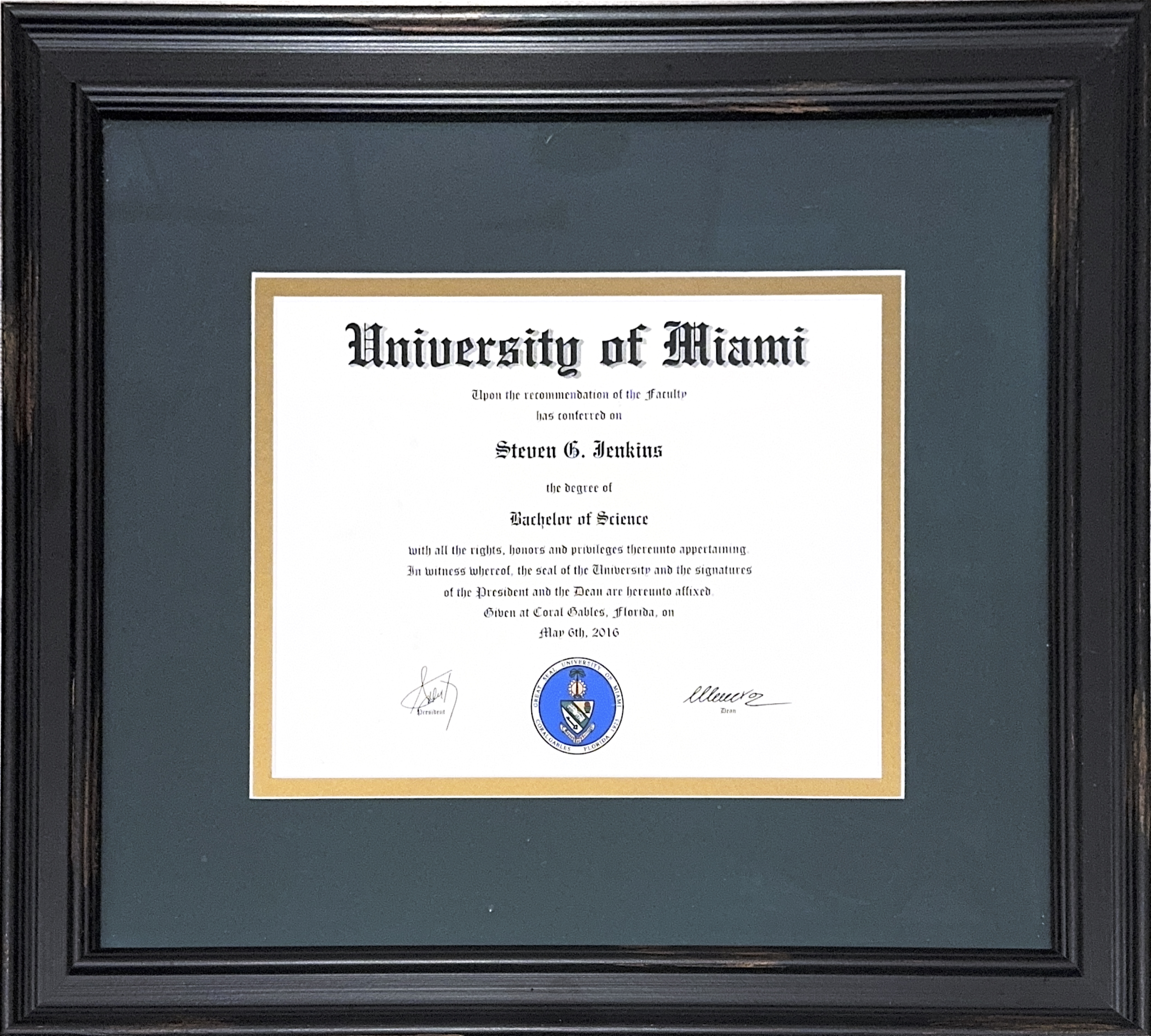 framed image of a university of miami diploma
